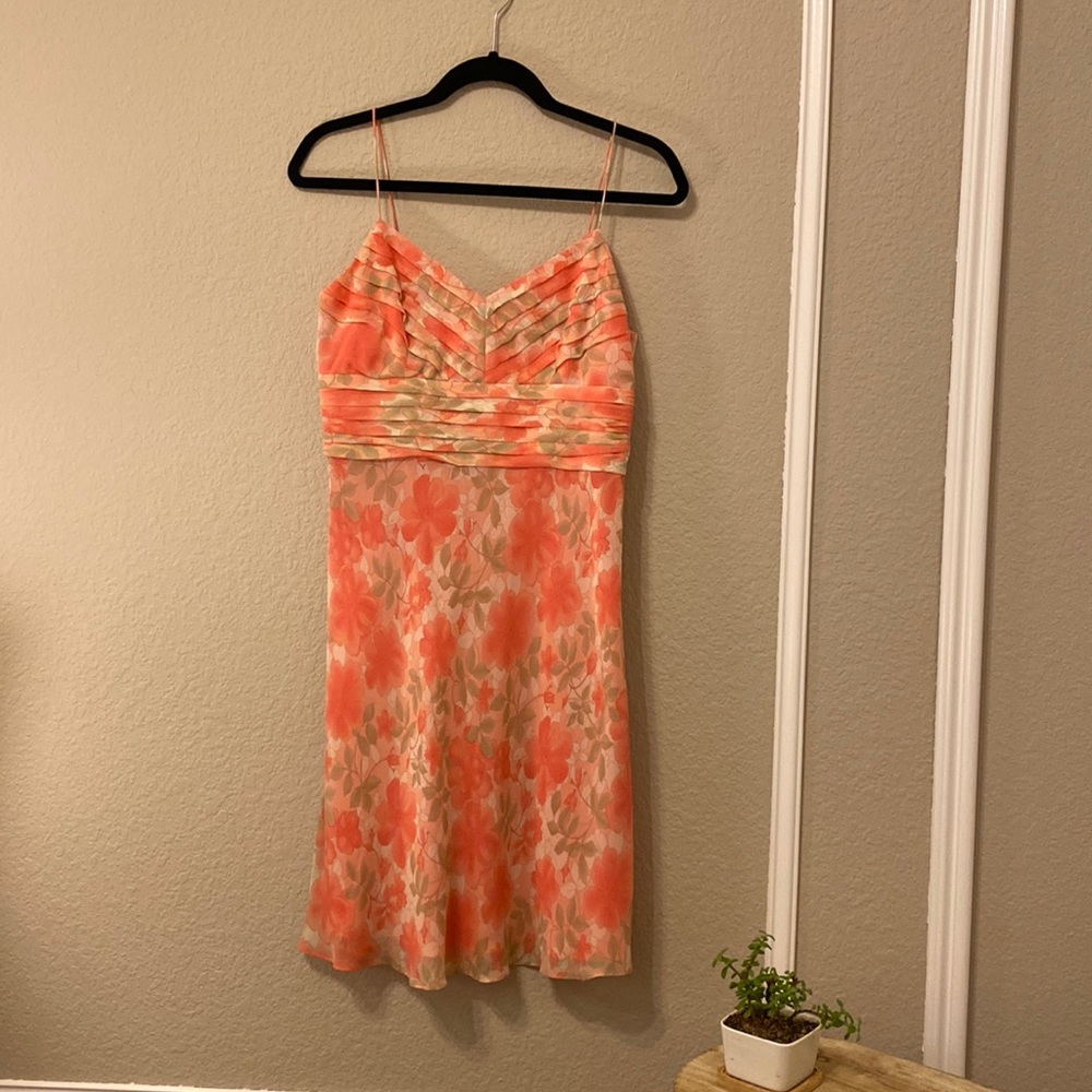 Floral peach, green, and cream summer silk dress